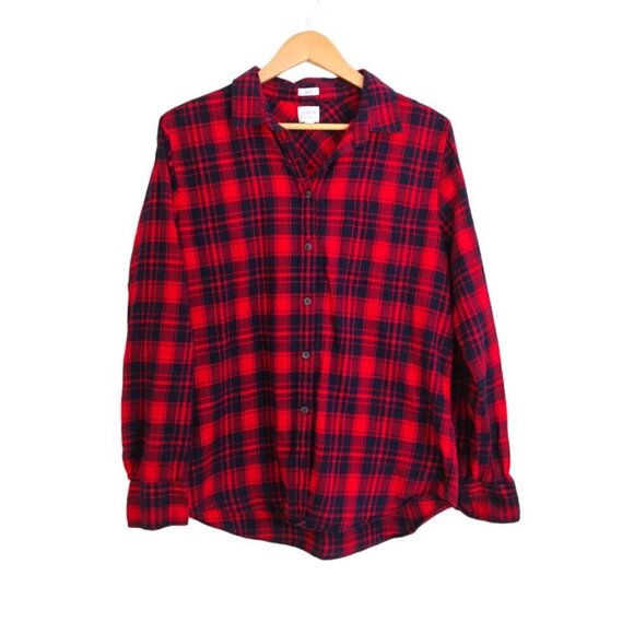 J. Crew Boy Fit Plaid Button Down Flannel Shirt Red Navy Blue Size L - Picture 2 of 5